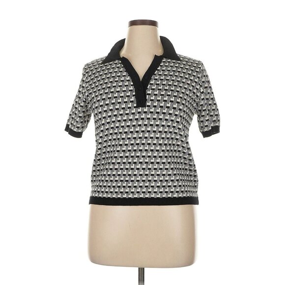 Adrianna Papell Black & White Pointelle Short Sleeve Tipped Polo Sweater, Sz XL - Picture 1 of 4